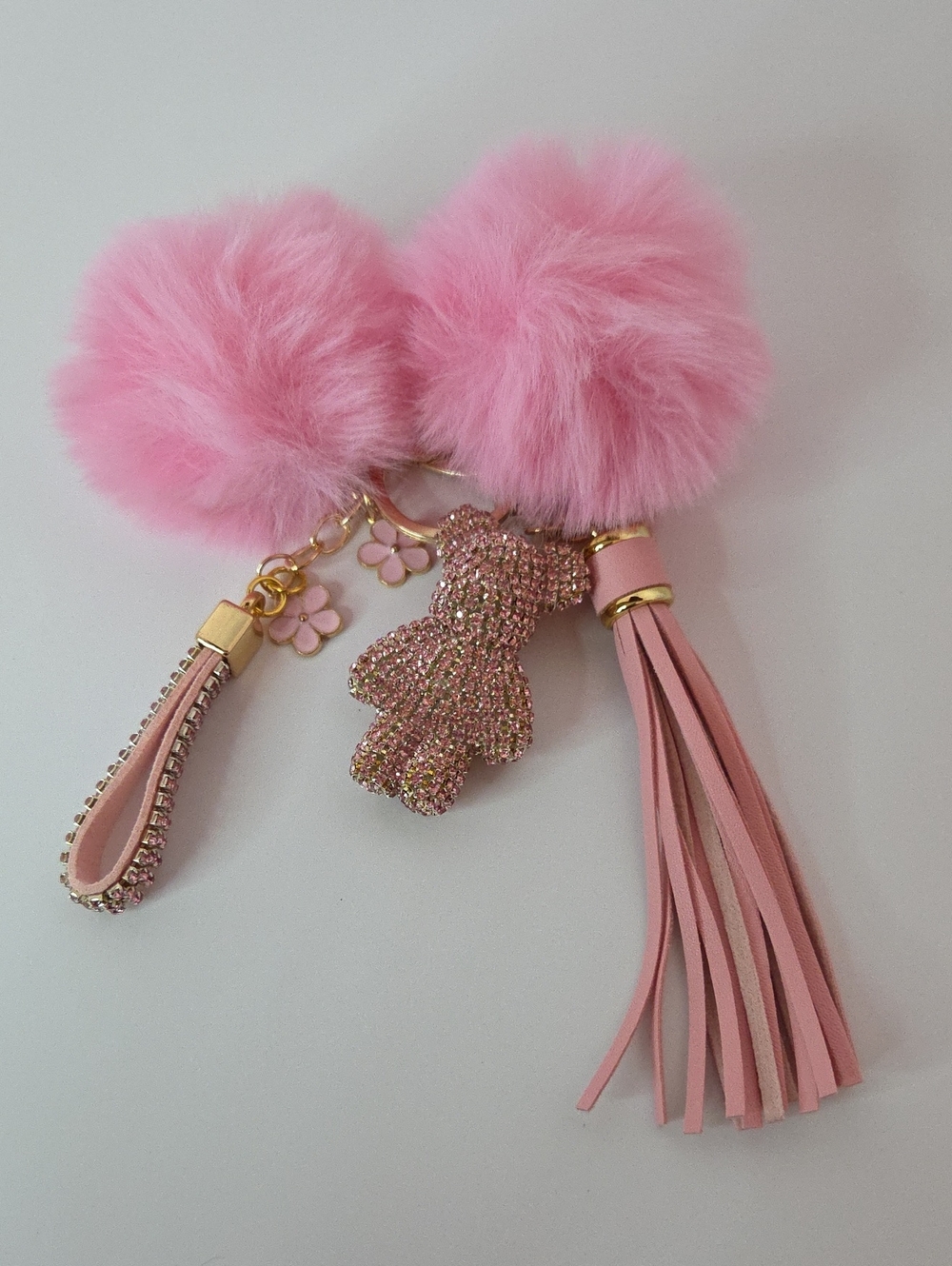 Pink Pom Pom Tassel Keychain with Crystal Bear Charm